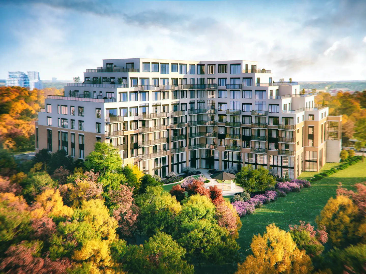 Aerial exterior rendering of Emerson House Boutique Residences in Mississauga