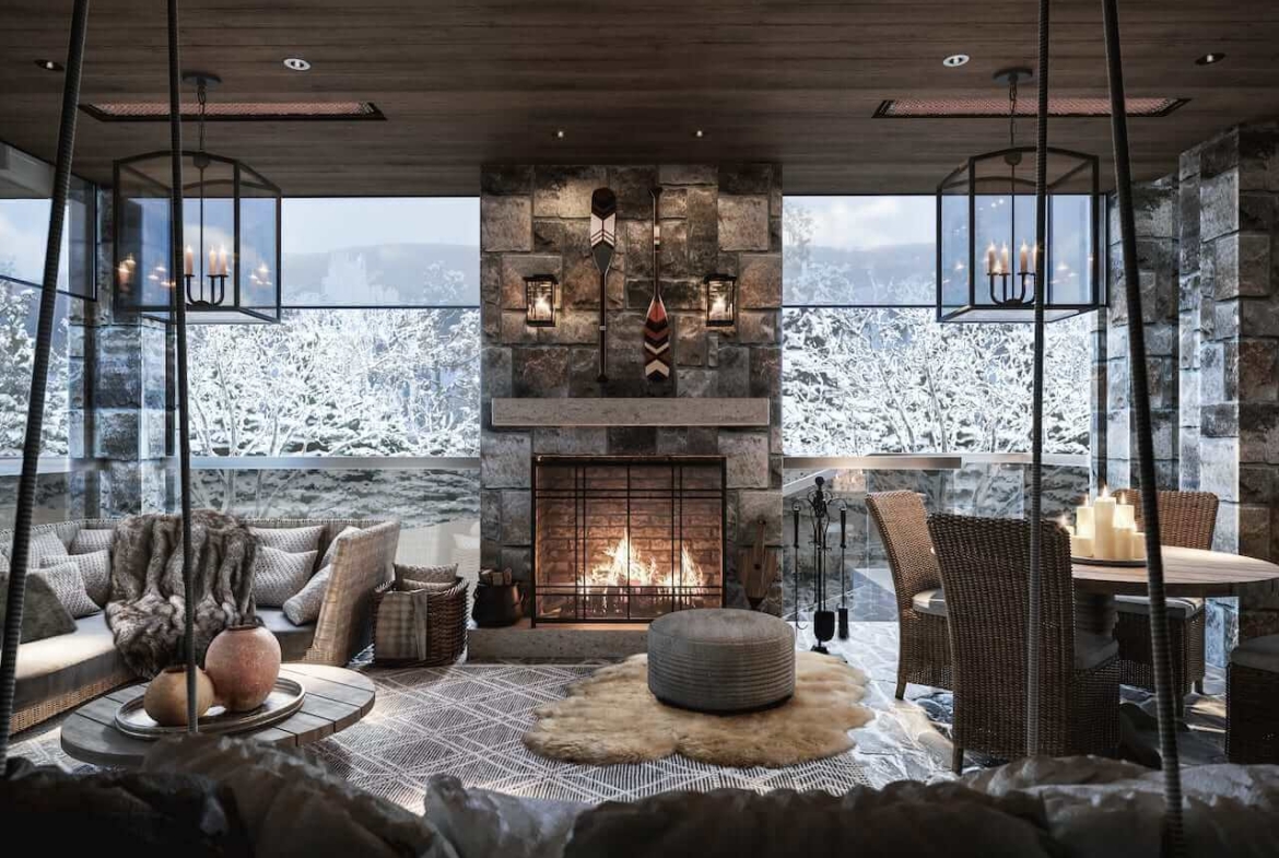 Rendering of The Summit Homes interior loggia fireplace