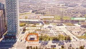 Aerial of Kipling Station Condos on a map