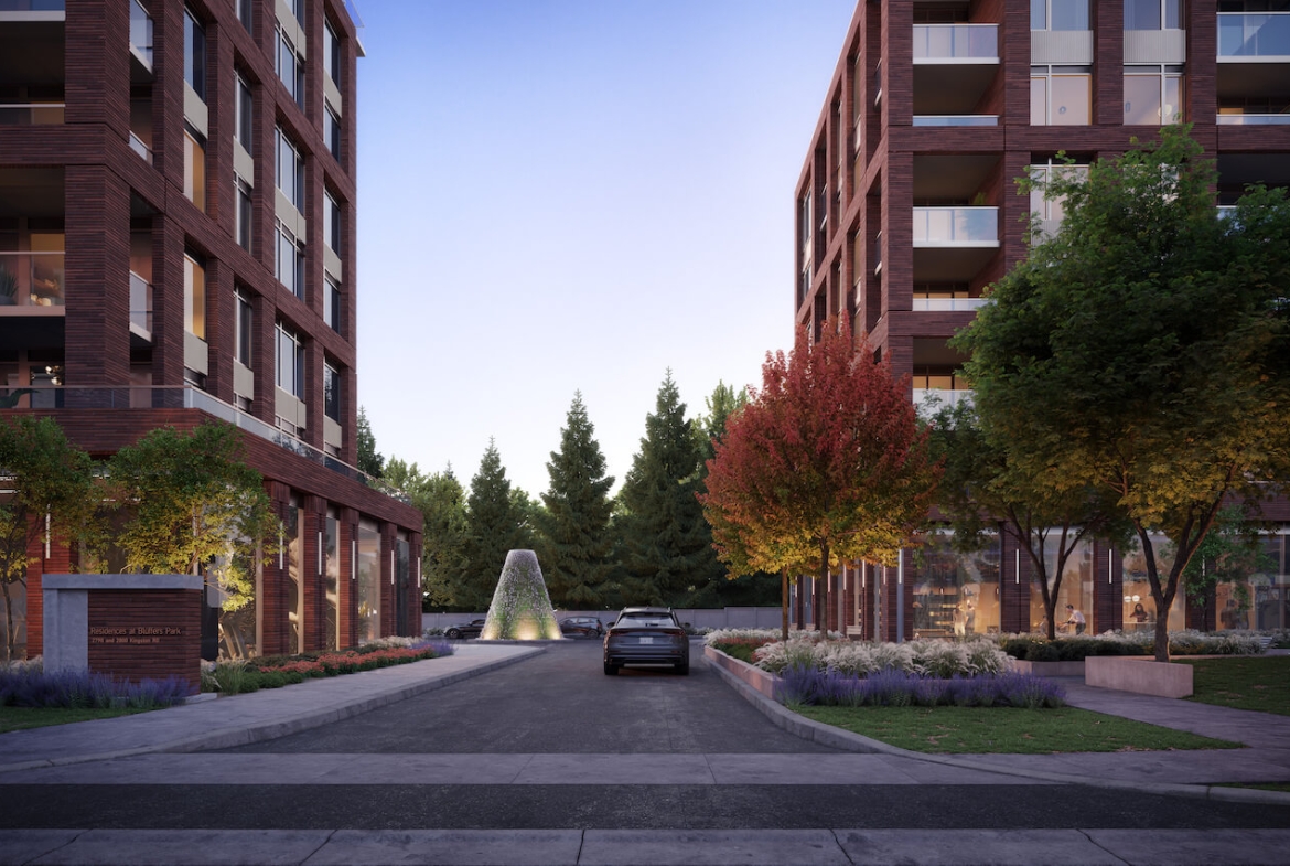Rendering of Bluffers Park Condos exterior entrance in the evening