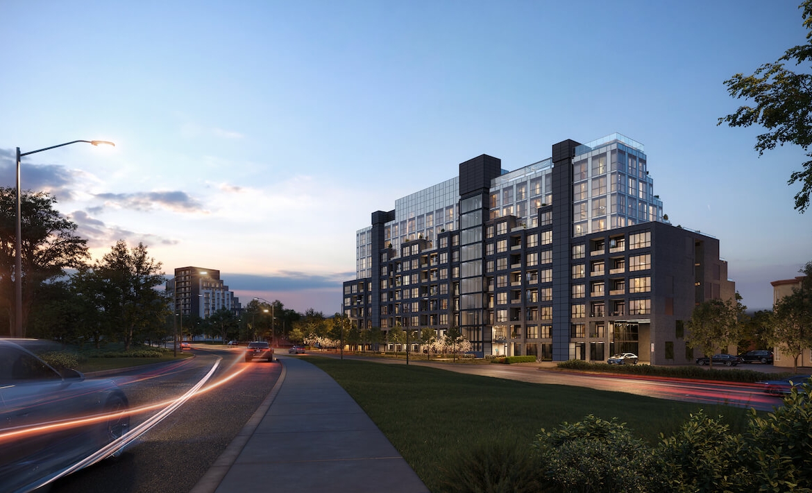 Streetscape rendering of Kingside Residences at night