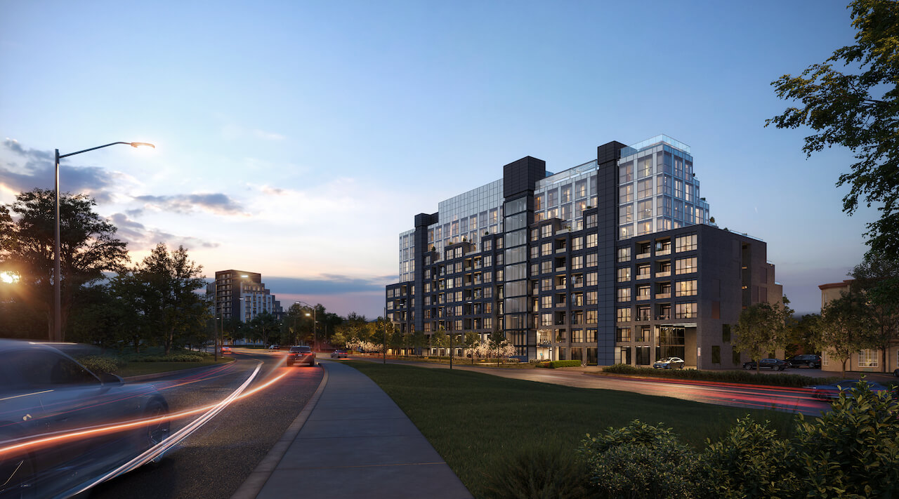 Streetscape rendering of Kingside Residences at night
