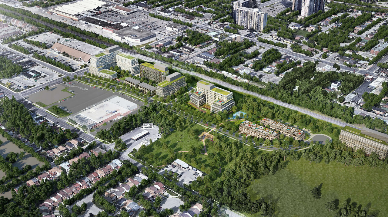 Rendering of Birchley Park Condos and Towns in Scarborough angled aerial