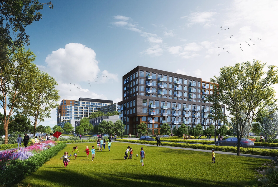 Rendering of Birchley Park Condos and Towns exterior of block 1 and 2 during the day