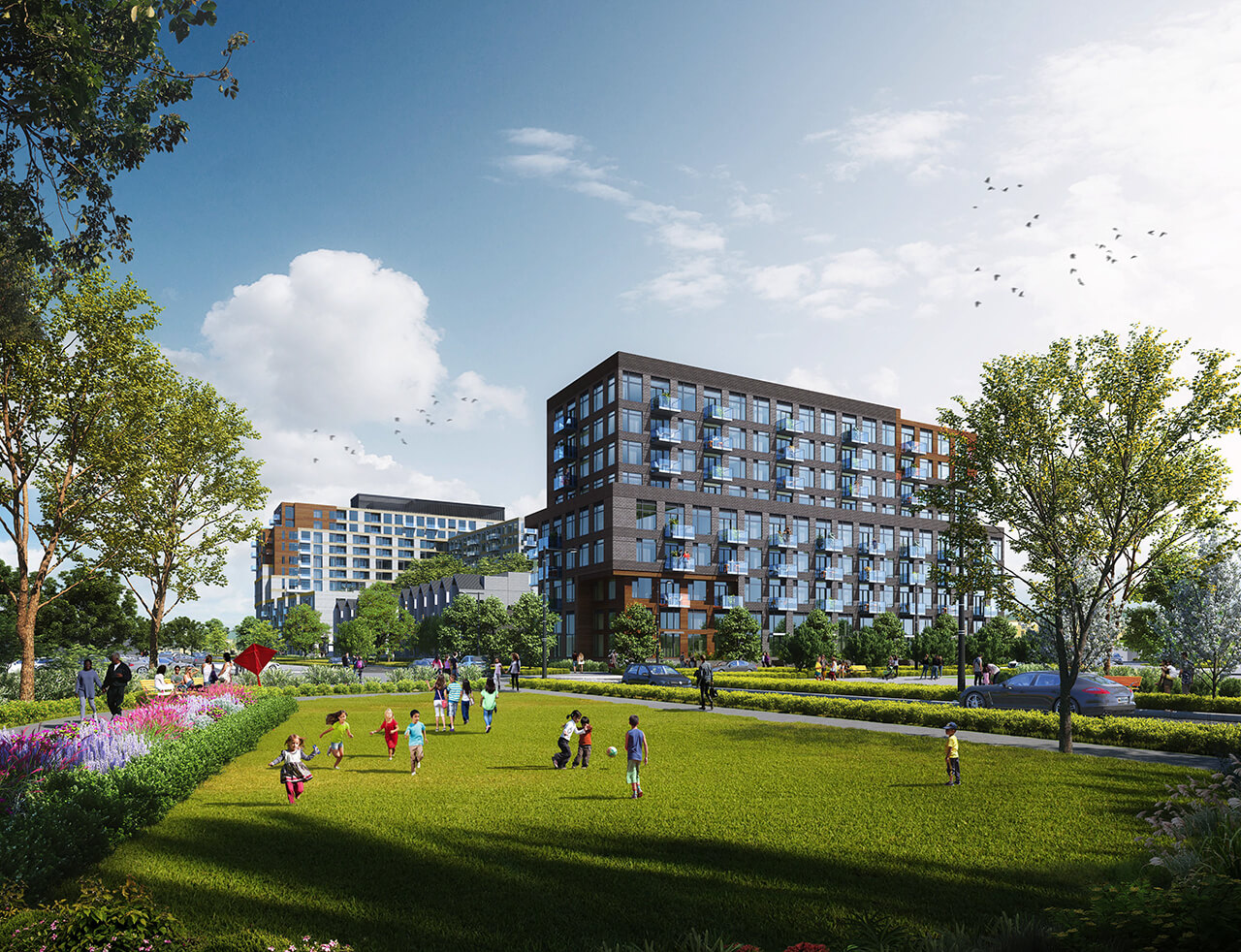 Rendering of Birchley Park Condos and Towns exterior of block 1 and 2 during the day