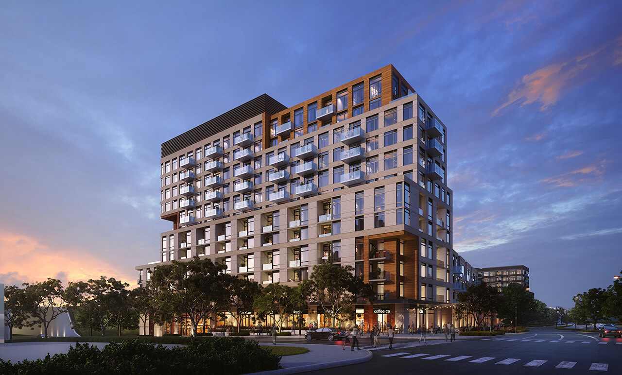 Rendering of Birchley Park Condos and Towns exterior of block 1 and 2 at night