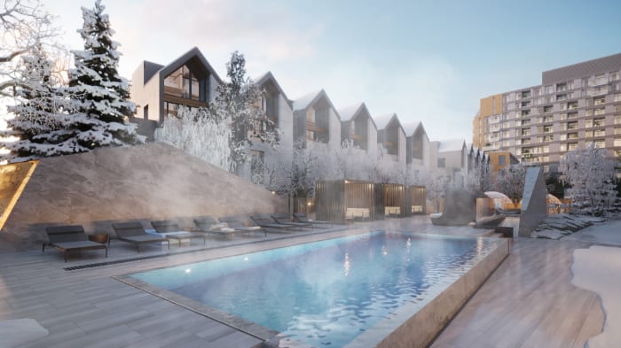 Rendering of Birchley Park's exterior swimming pool heated in winter