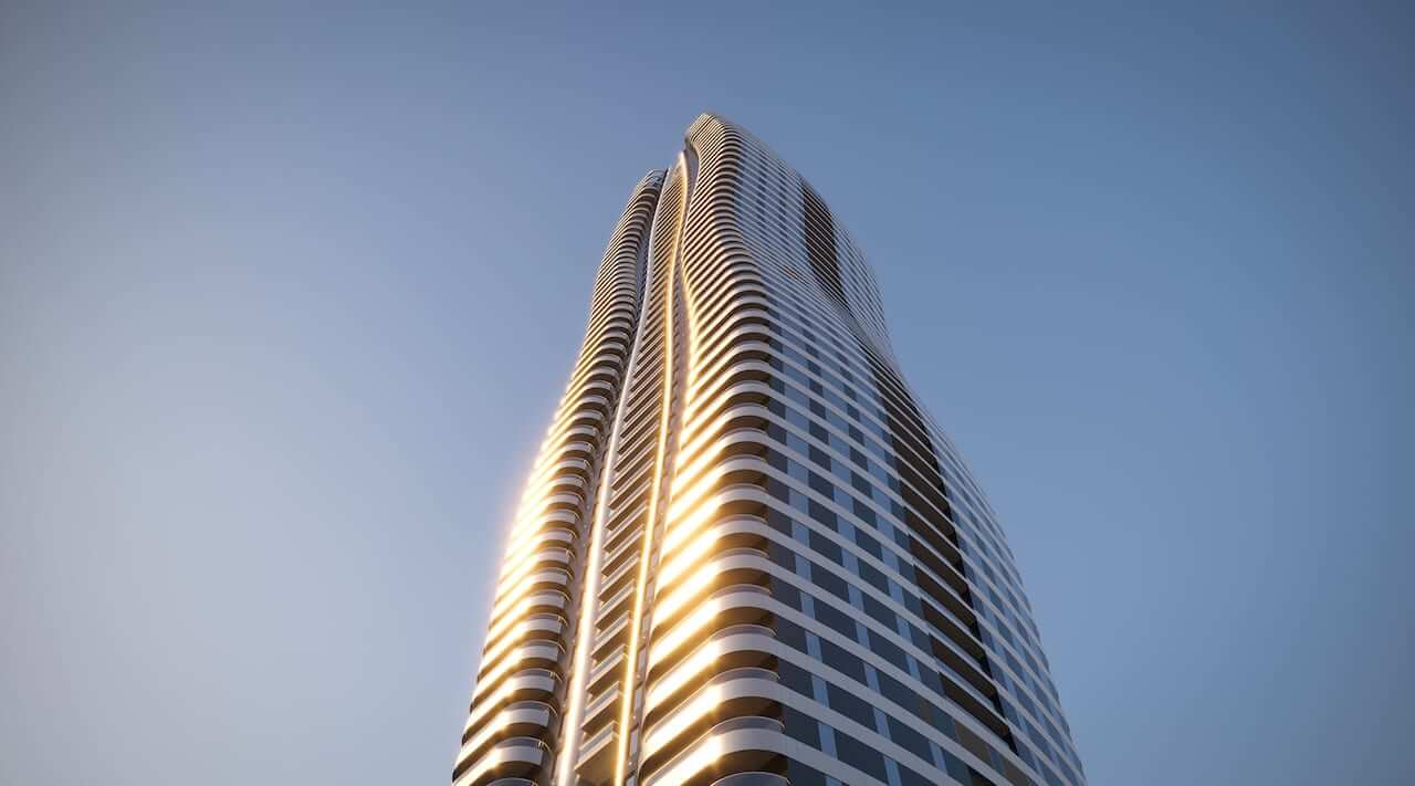 Rendering of CURV Condos exterior bottom to top view