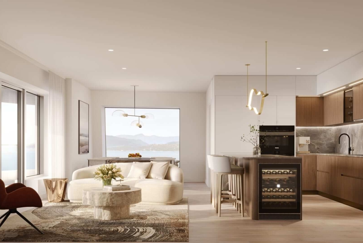 Rendering of CURV Condos suite interior kitchen and living