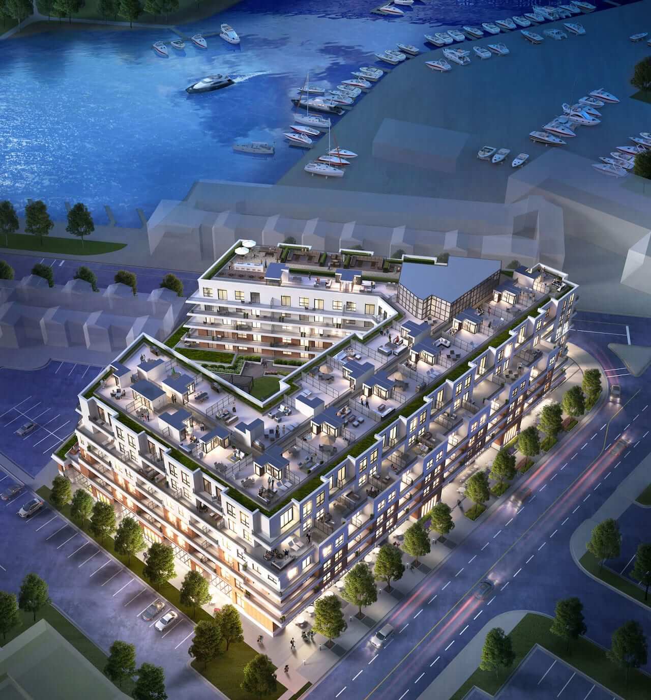 Rendering of The Residences at Bronte Lakeside exterior aerial at night