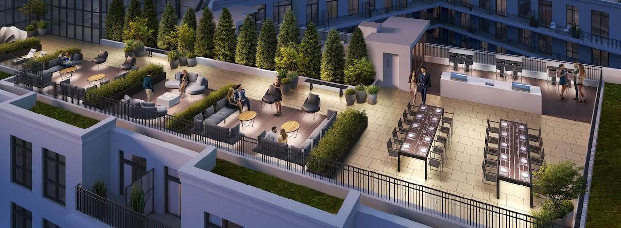Rendering of The Residences at Bronte Lakeside exterior terrace aerial at night