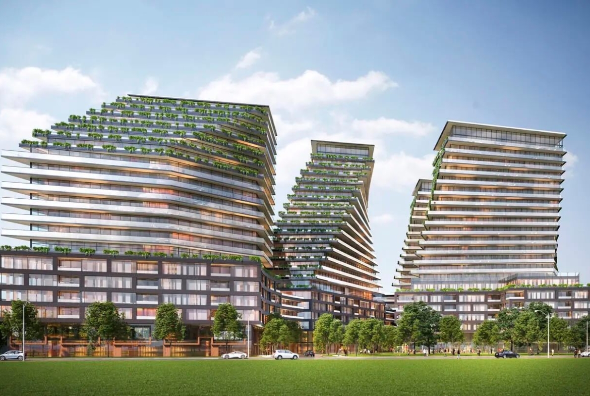 The 9Hundred Condos exterior rendering towers with foliage
