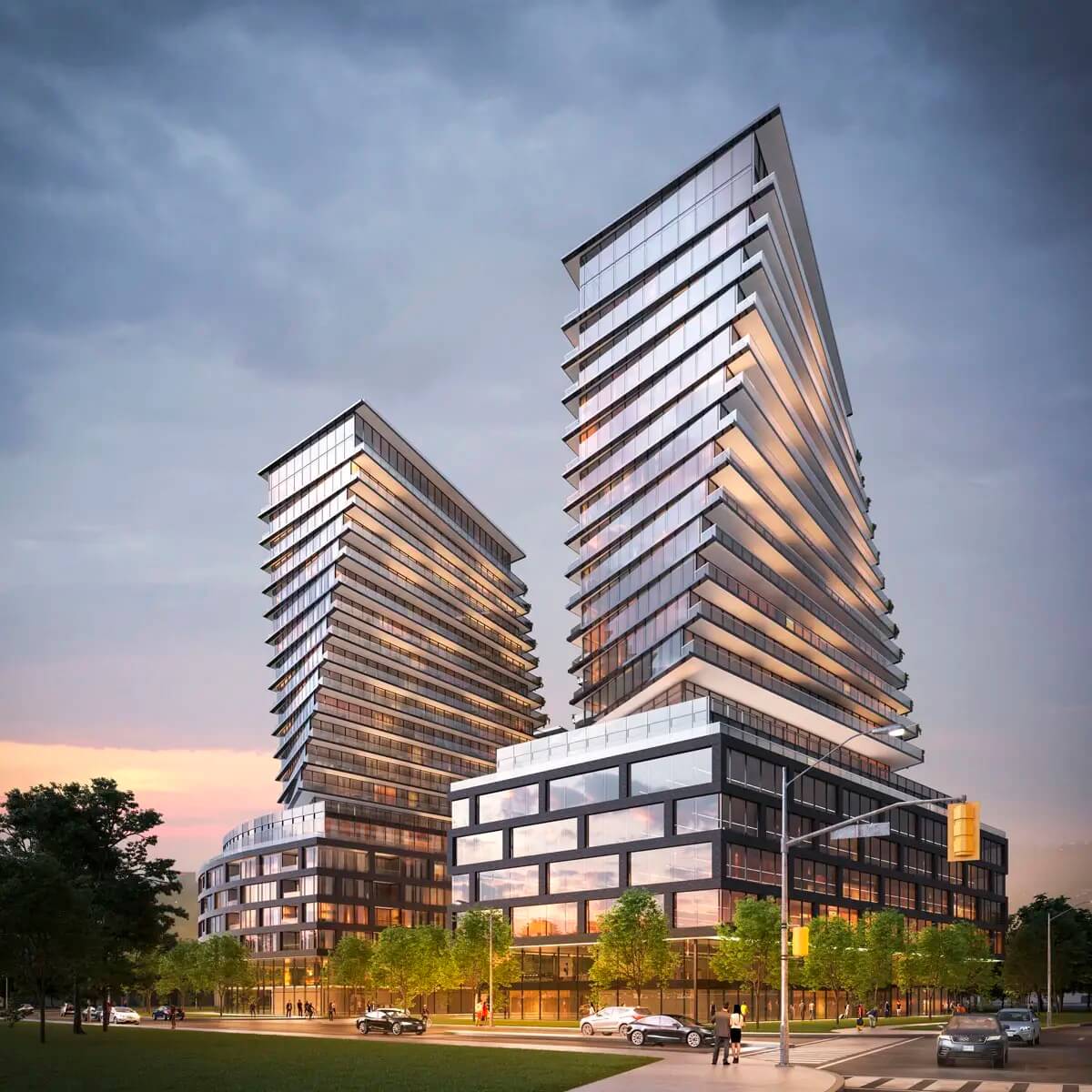 The 9Hundred Condos exterior rendering 2 towers at night