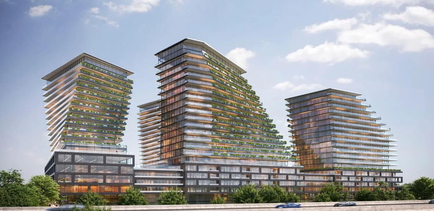 The 9Hundred Condos exterior rendering side view of towers with greenery