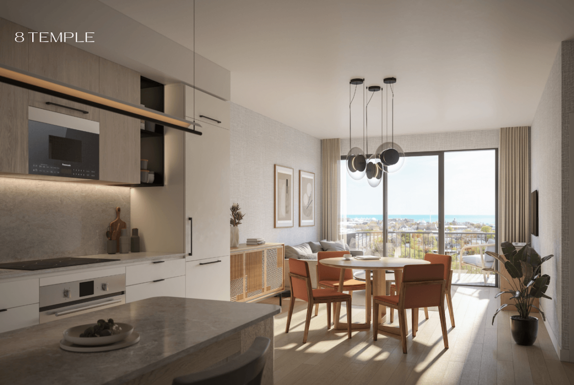 Rendering of 8 Temple Condos interior suite dining during the day
