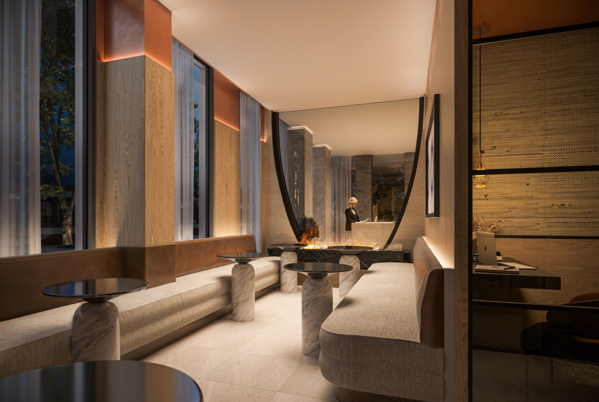 Rendering of 8 Temple Condos interior lobby lounge