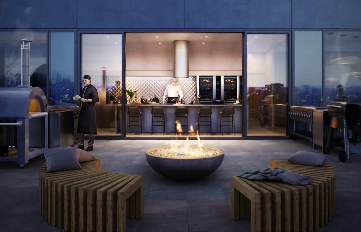 Rendering of 8 Temple Condos rooftop kitchen at night