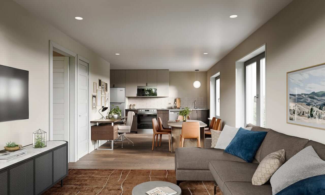Rendering of Flex Condos suite interior living room open-concept