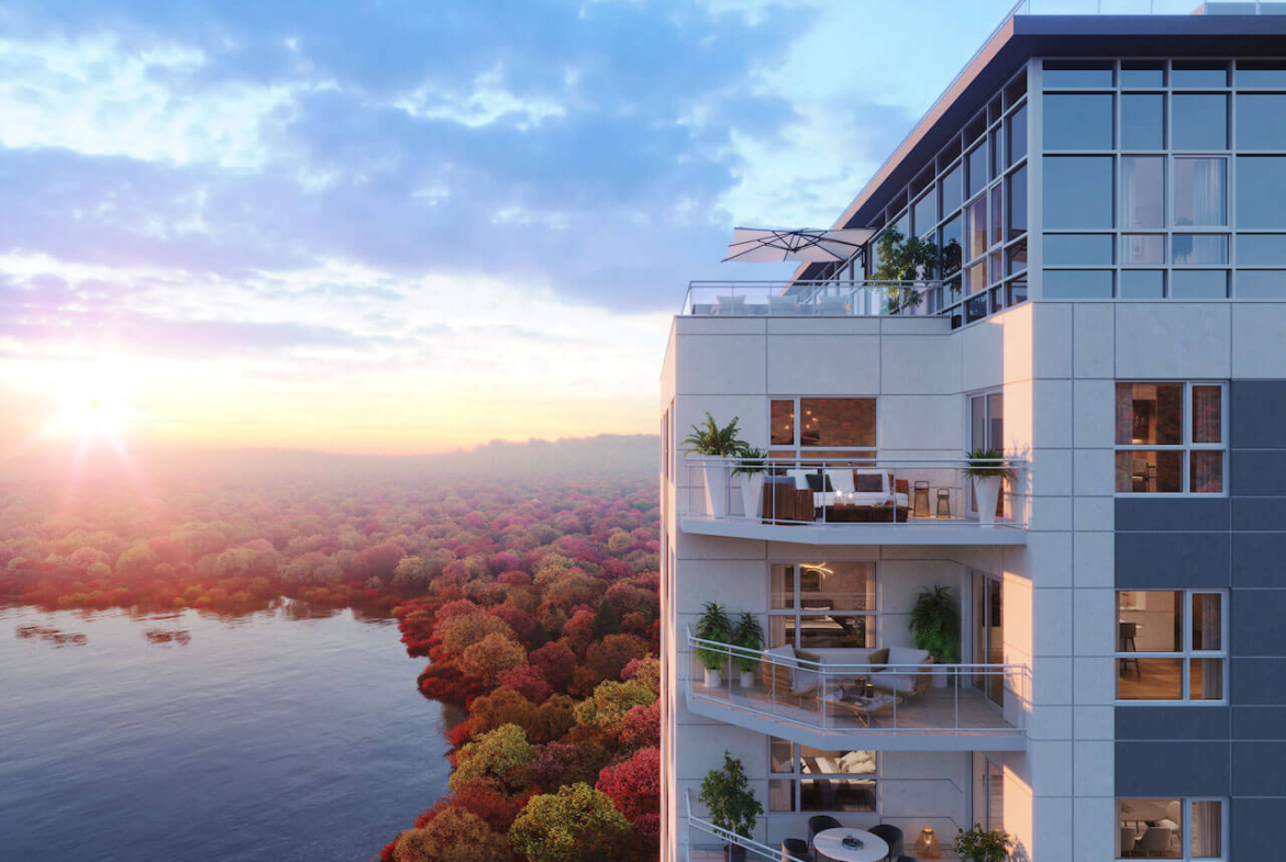 Rendering of Lakevu3 Condos exterior view of the lake