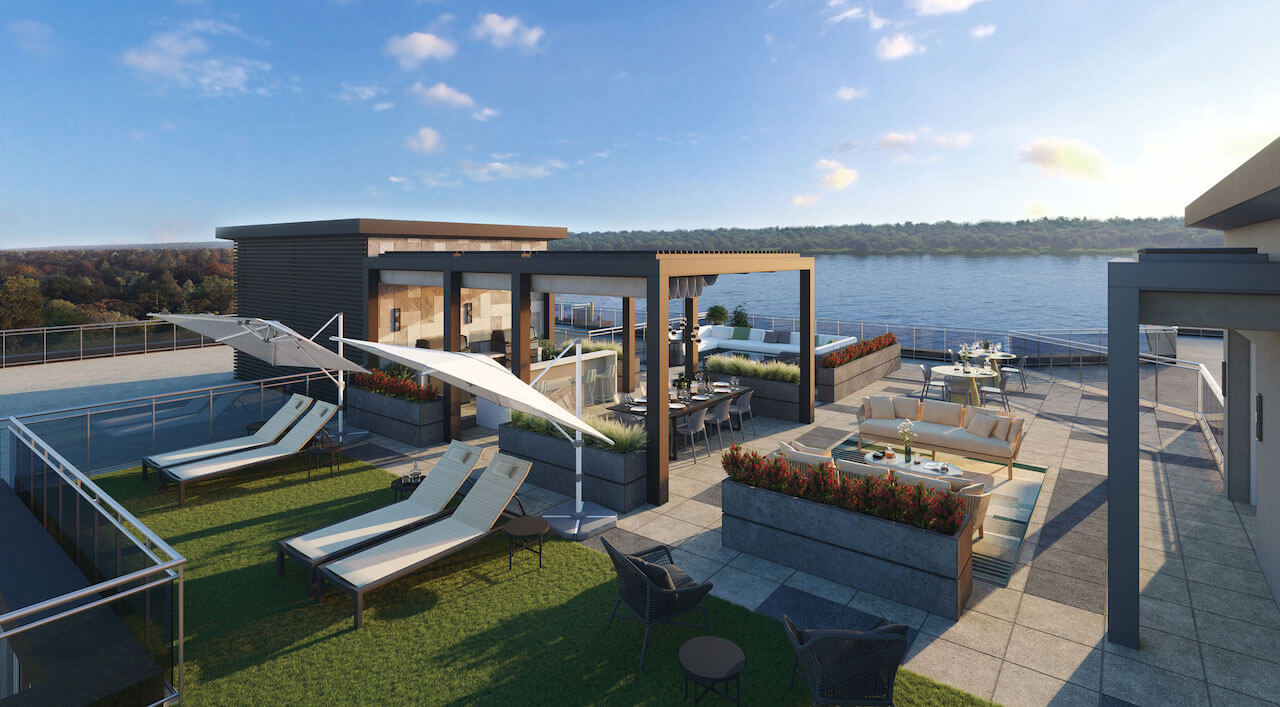 Lakevu3 Condos rendering of rooftop terrace with cabana seating and views of the lake