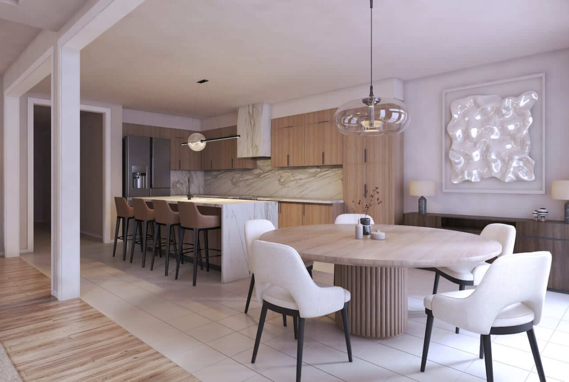 Rendering of Palmetto Homes interior open concept kitchen with dining table