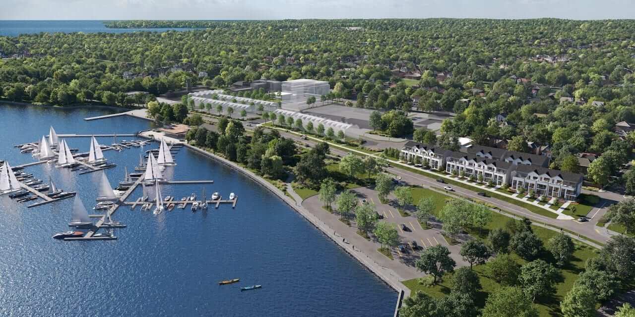 Rendering of Sunshine Harbour waterfront townhomes aerial view