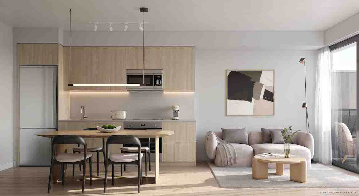 Rendering of Arcadia District Condos suite living and dining