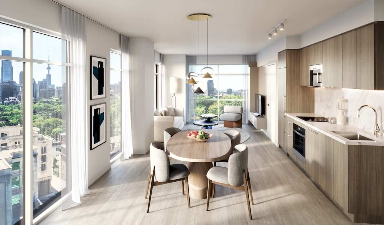 Rendering of The Hill Residences suite interior kitchen and dining area