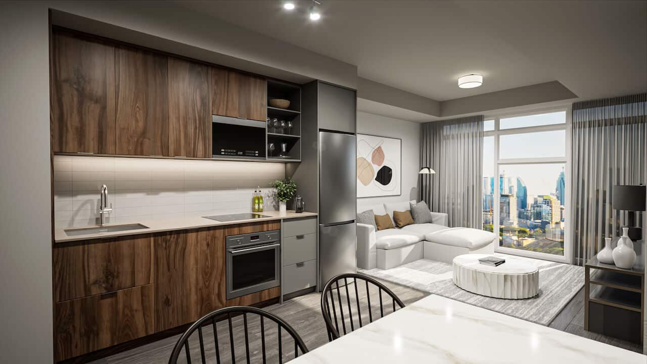 Rendering of The Riv suite interior kitchen