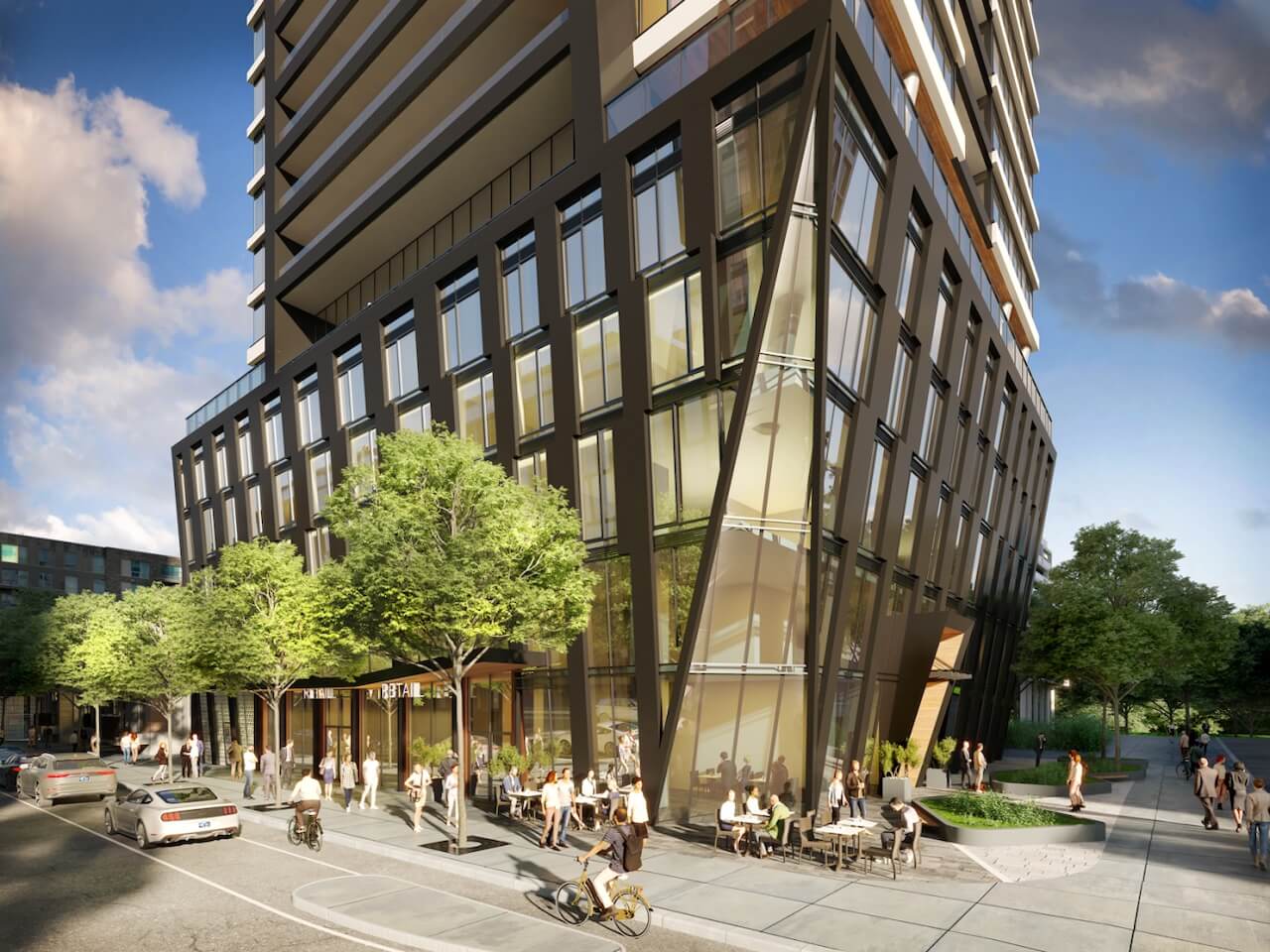 Rendering of The Riv Condos exterior podium and streetscape