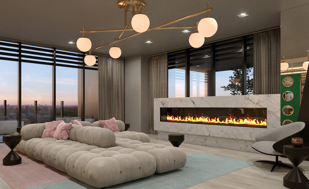 Rendering of The Riv Condos interior soiree lounge with fireplace