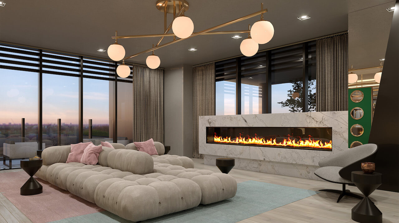 Rendering of The Riv Condos interior soiree lounge with fireplace