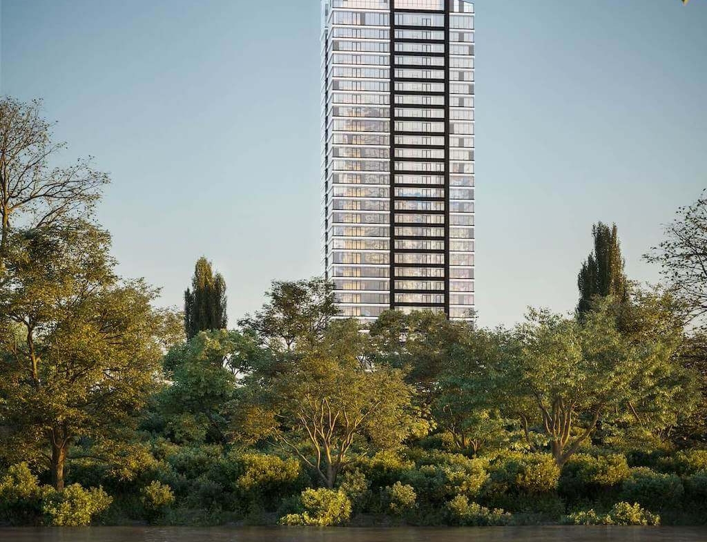 Rendering of The Riv Condos exterior view by the river