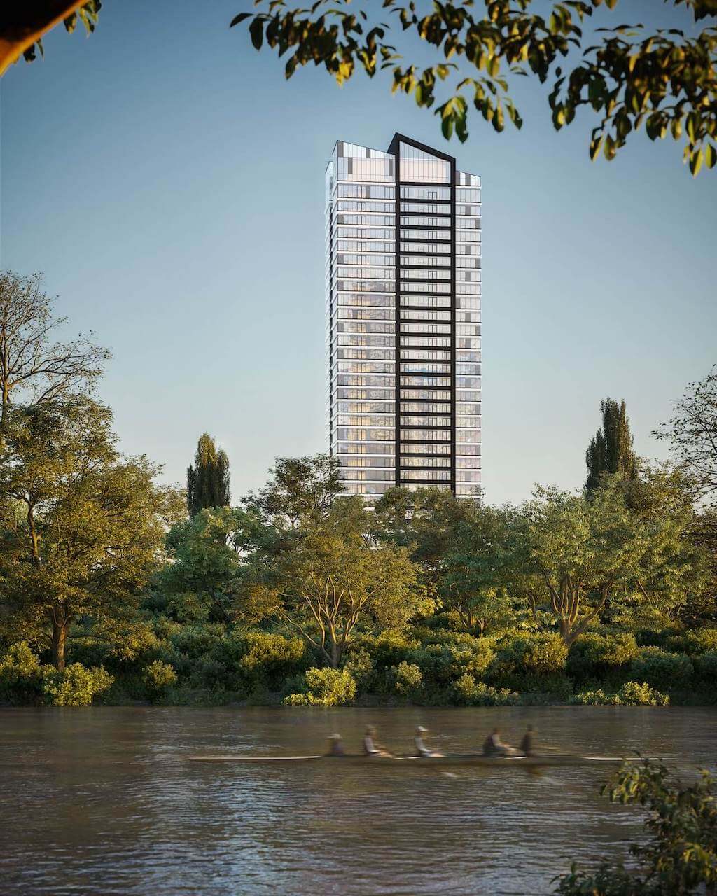 Rendering of The Riv Condos exterior view by the river