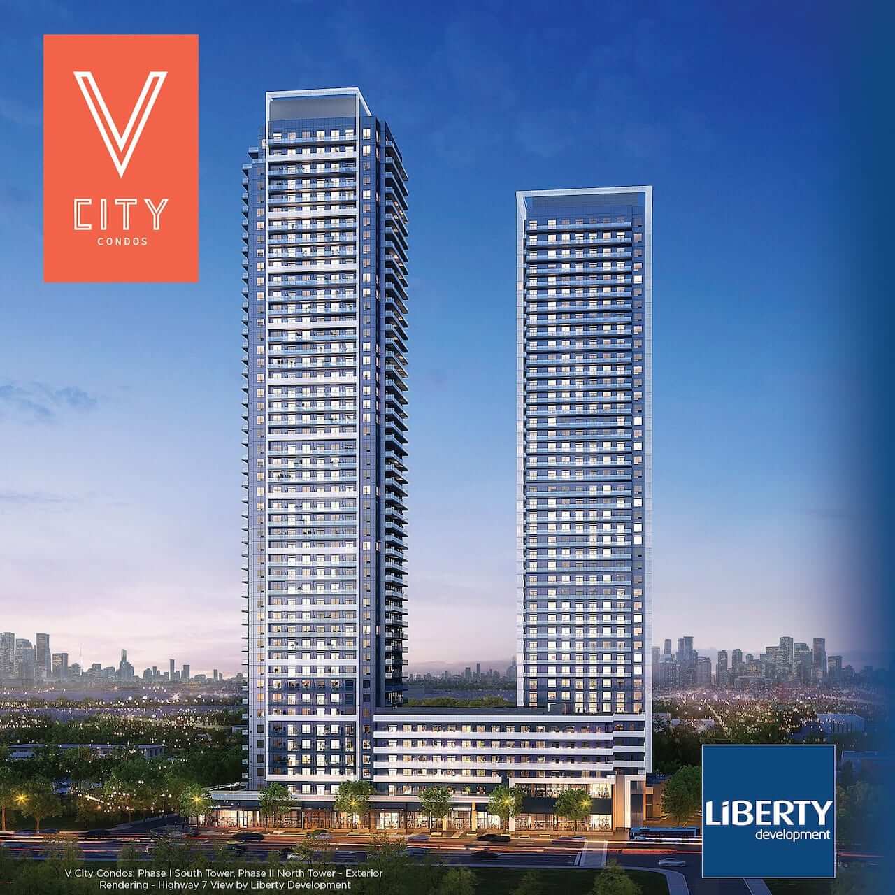 Exterior full view rendering of V City Condos in Vaughan