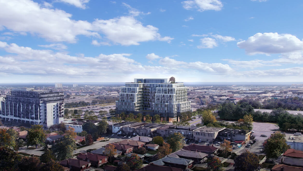 Rendering of The Queensway at JOYA Condos aerial exterior during the day