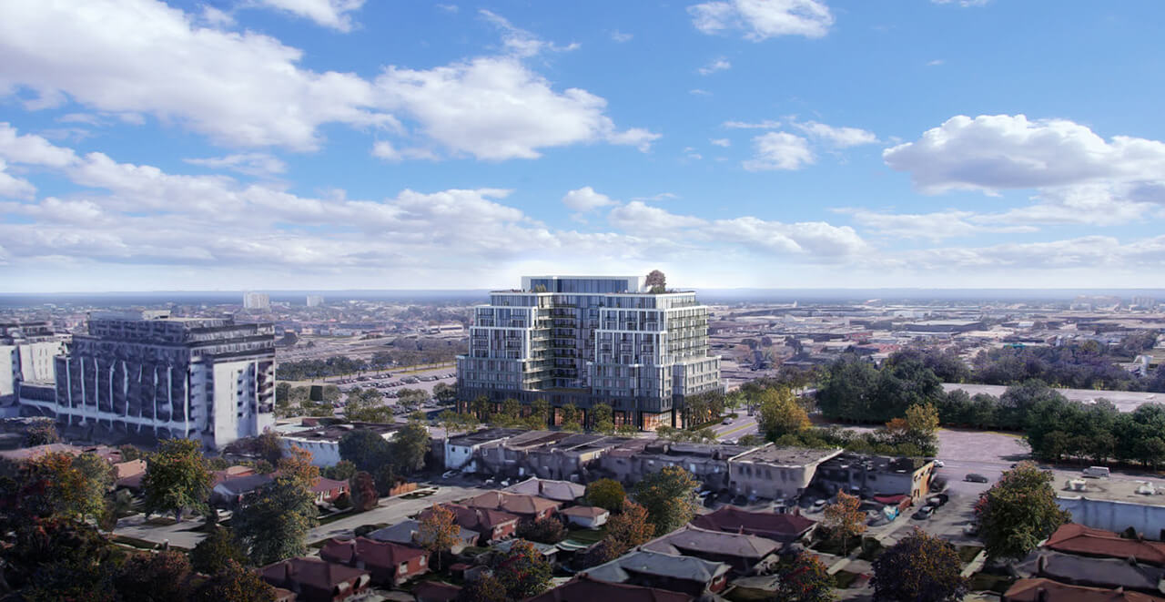 Rendering of The Queensway at JOYA Condos aerial exterior during the day