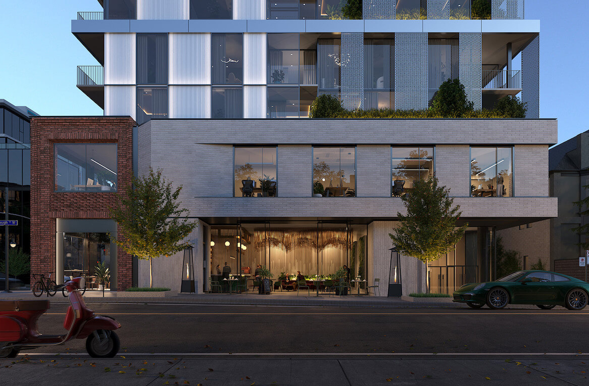 Rendering of One Roxborough West Condos exterior entrance at night