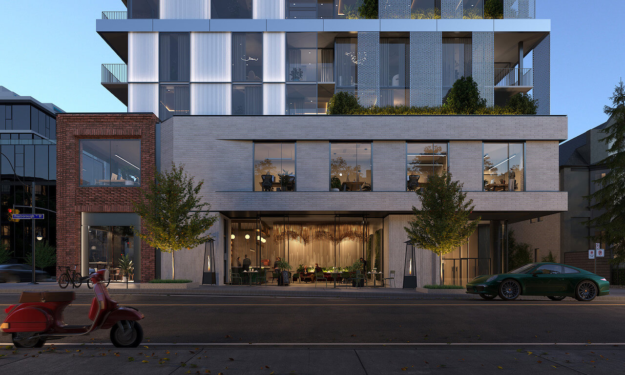 Rendering of One Roxborough West Condos exterior entrance at night