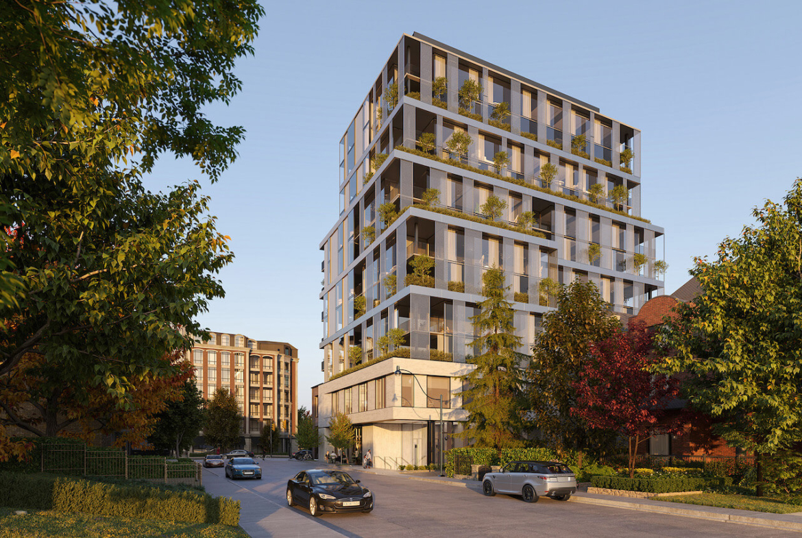 Rendering of One Roxborough West Condos exterior view from ground up