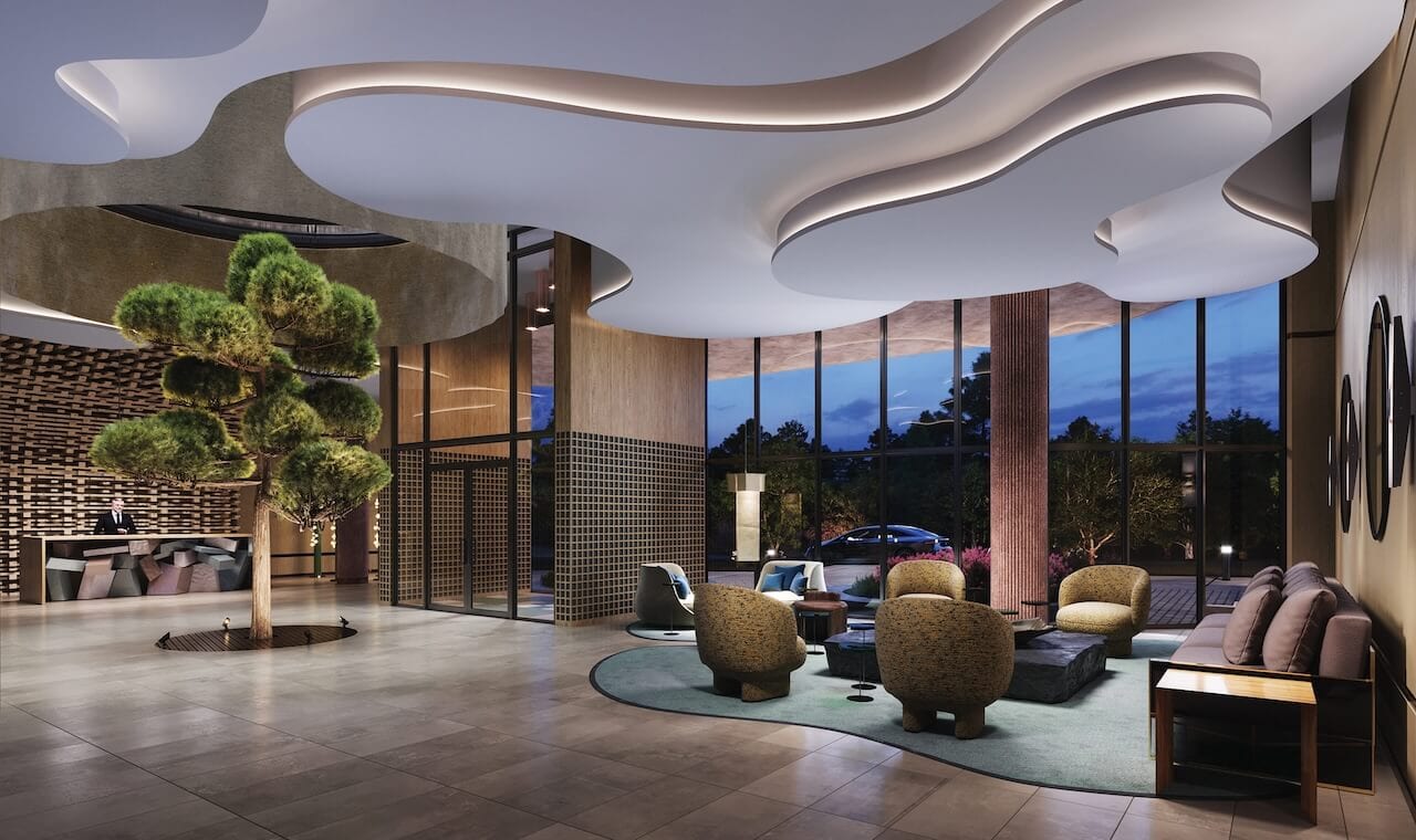 Rendering of Lily at Crosstown Condos lobby at night