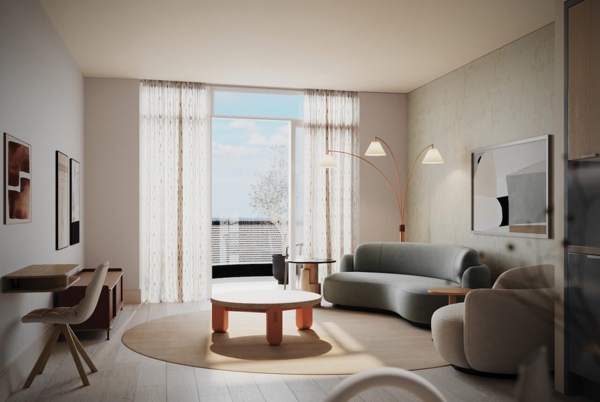Rendering of Lily at Crosstown Condos suite interior living room