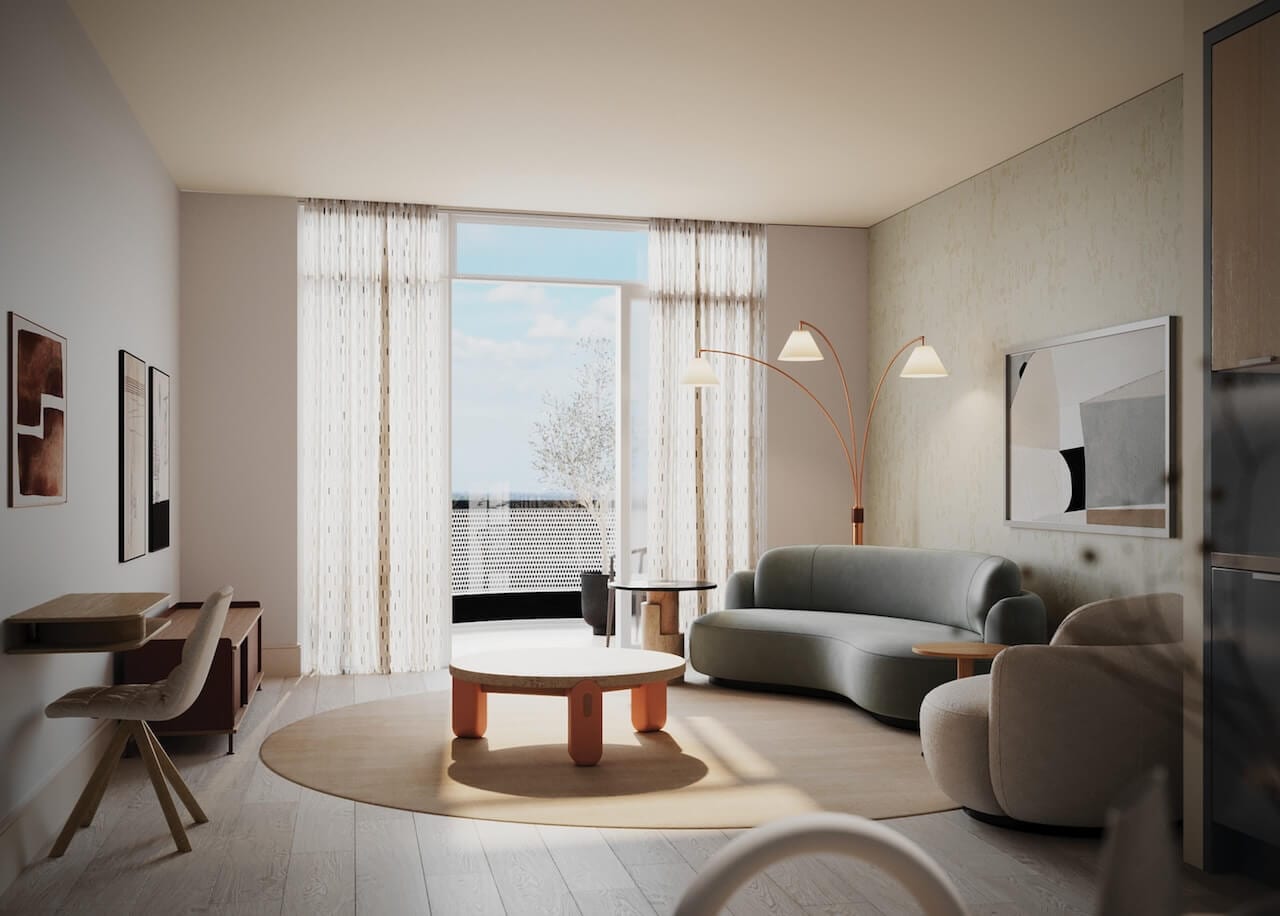 Rendering of Lily at Crosstown Condos suite interior living room