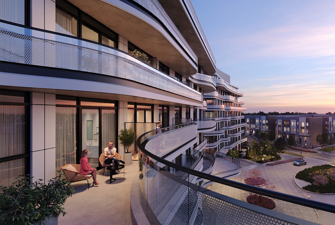 Rendering Lily Condos at Crosstown private terrace at dusk
