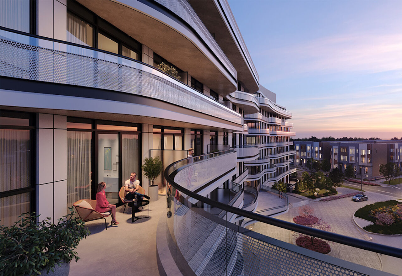Rendering Lily Condos at Crosstown private terrace at dusk