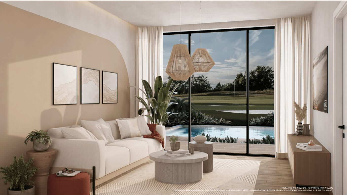 Interior rendering of Riviera Bay Condos suite living room with pool view