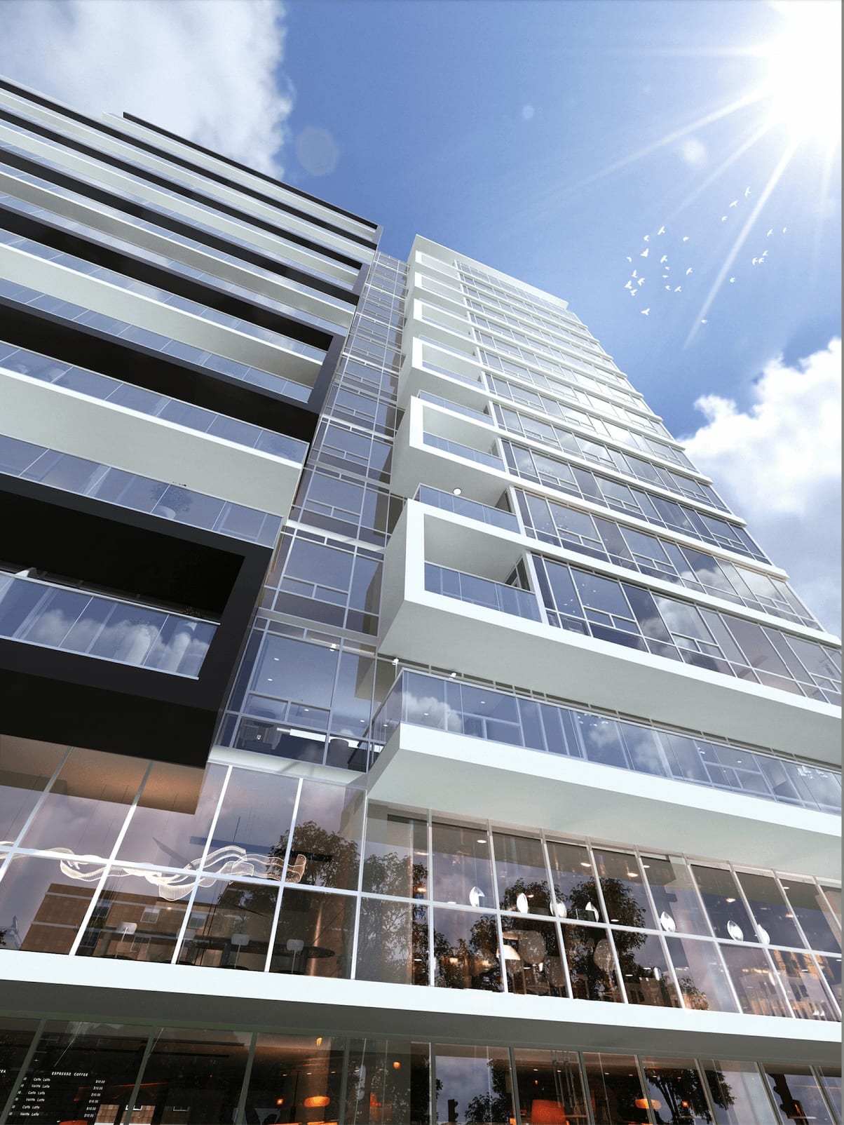 Rendering of 2992 Sheppard Condos exterior worms eye view during the day