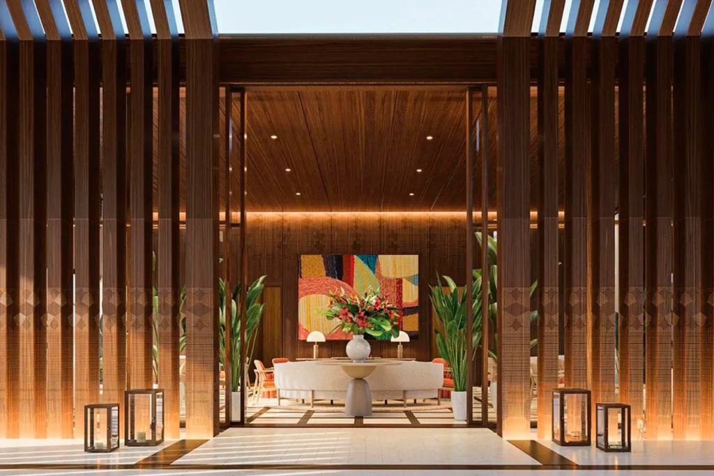 Luxurious lobby area of Vie L'Ven with artistic wooden slat designs and modern furniture in St. Maarten.
