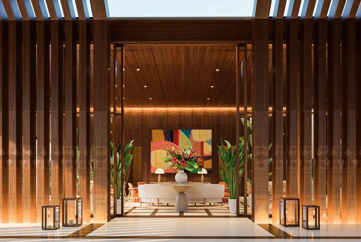 Luxurious lobby area of Vie L'Ven with artistic wooden slat designs and modern furniture in St. Maarten.