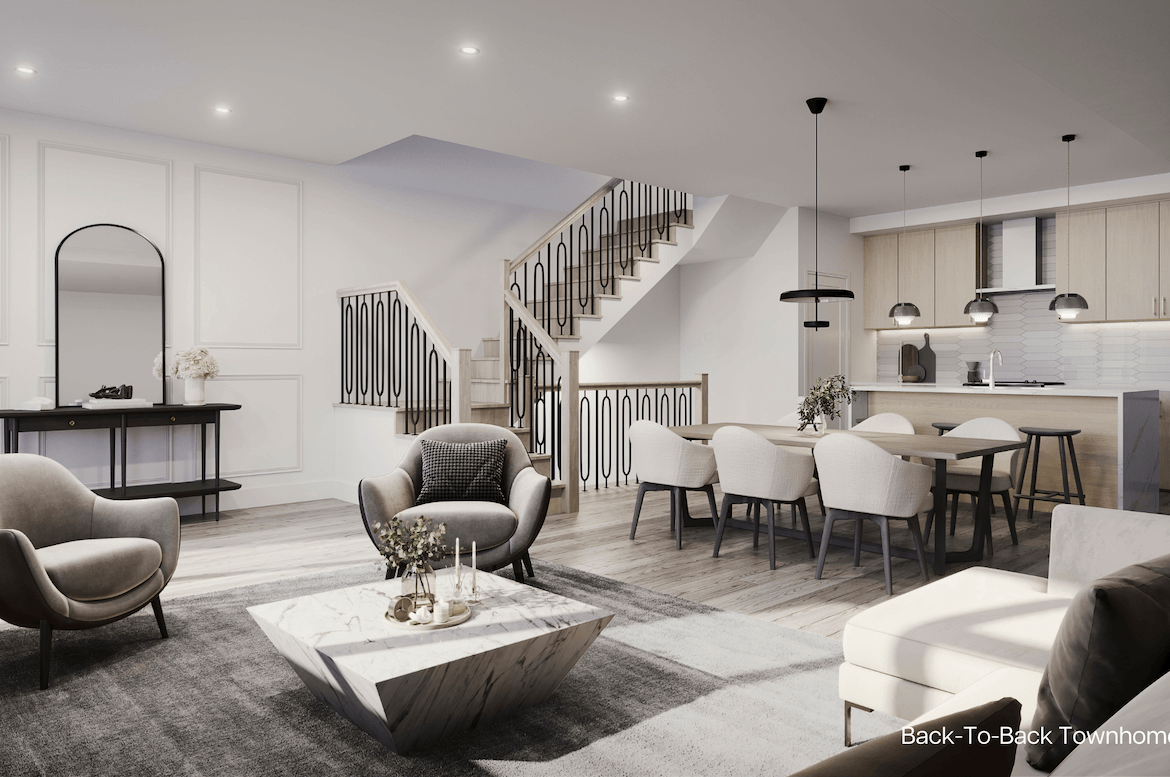 Rendering of Park & Main townhome interior open concept living room and dining